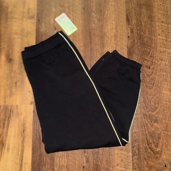 Athleta Forever Fleece High Rise Piping Jogger Black /White Sweat Pants Large - Picture 2 of 4